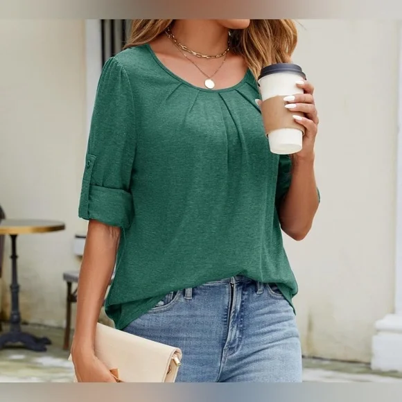 Long Sleeve Shirts for Women Fall Pleated Front Round Neck  3/4 Roll Up Sleeve - Picture 3 of 4
